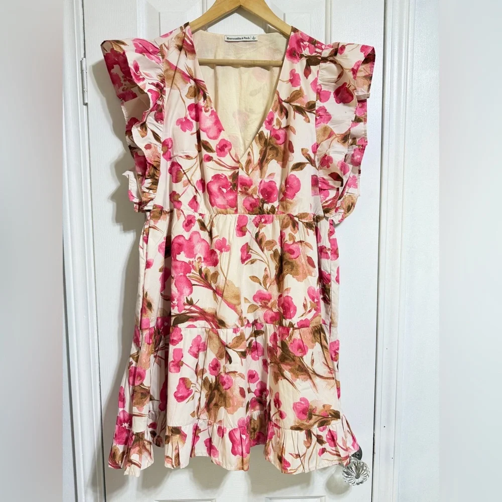Abercrombie pink brown floral flutter sleeve babydoll mini full dress large - Picture 3 of 5
